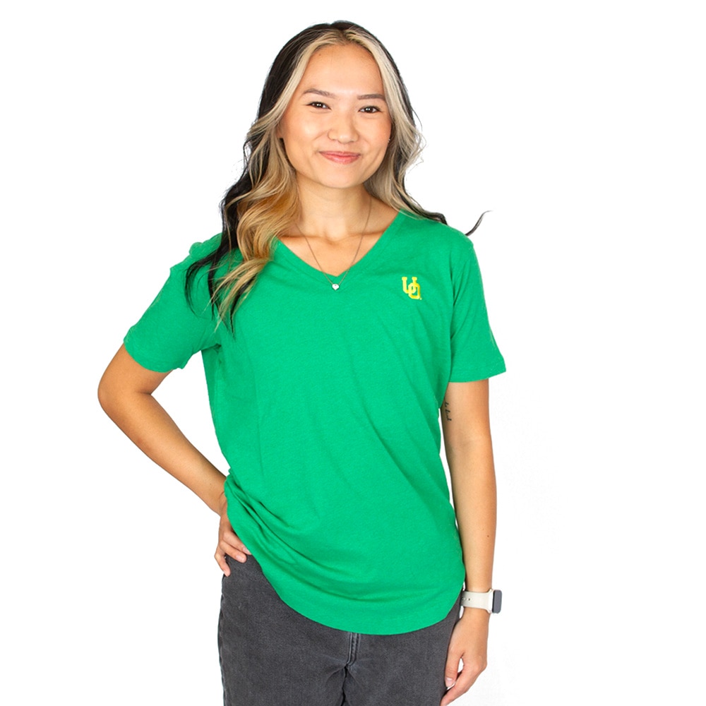 Interlocking UO, Green, V-Neck, Cotton, Women, Johnny-O, Relaxed Fit, Oregon design, T-Shirt, 942936